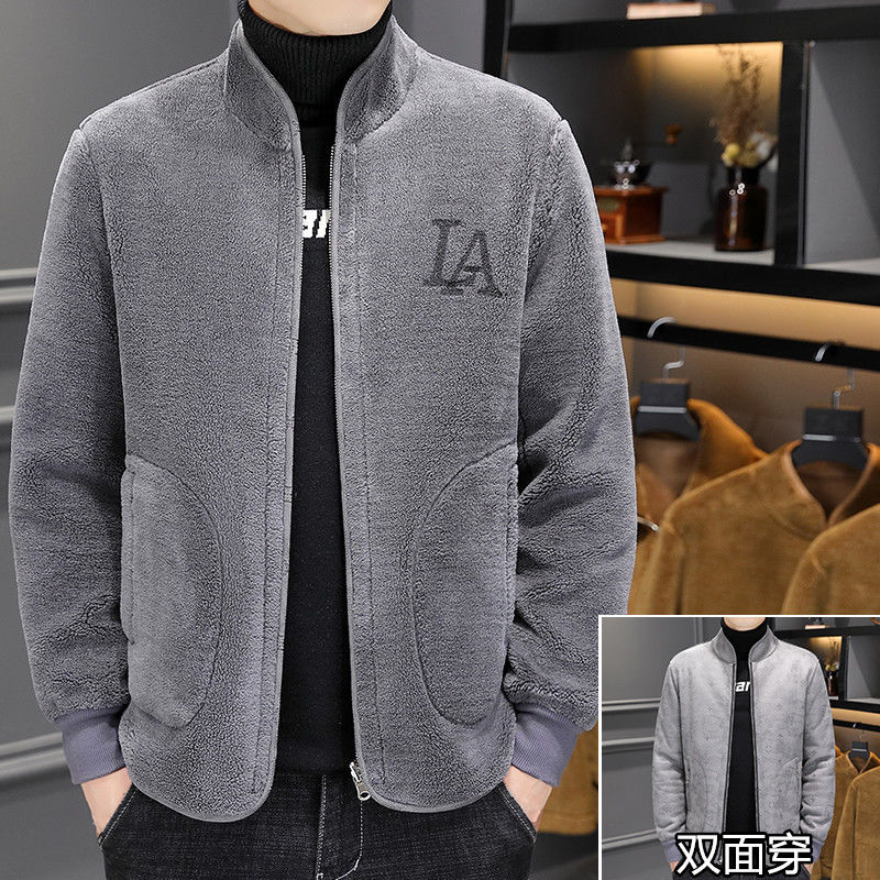 秋冬羊剪绒两面穿立领夹克男加肥加大皮毛一体外套男加绒加厚保暖
