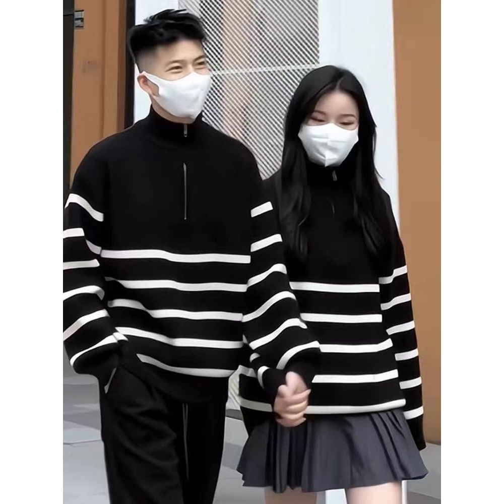 秋冬季情侣款百搭小众男女针织衫毛衣条纹拉链半高领宽松帅气毛衣