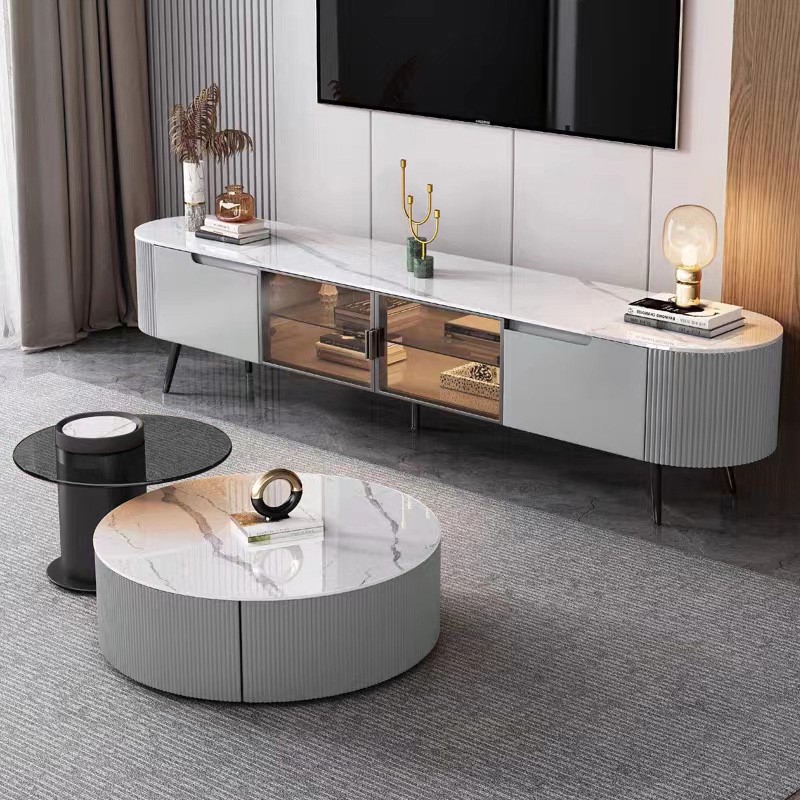 轻奢岩板圆形茶几电视柜组合现代简约小户型客厅电视机地柜奶油风