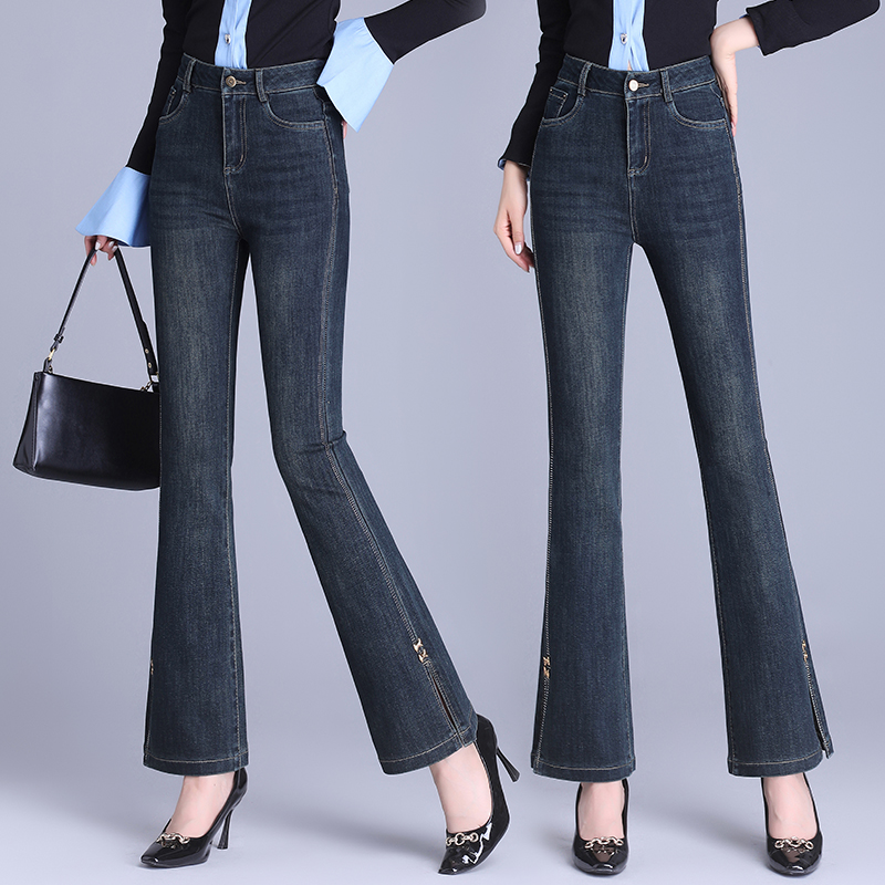 微喇牛仔裤女春秋时尚2025新款气质显瘦烫钻开叉小个子九分喇叭裤