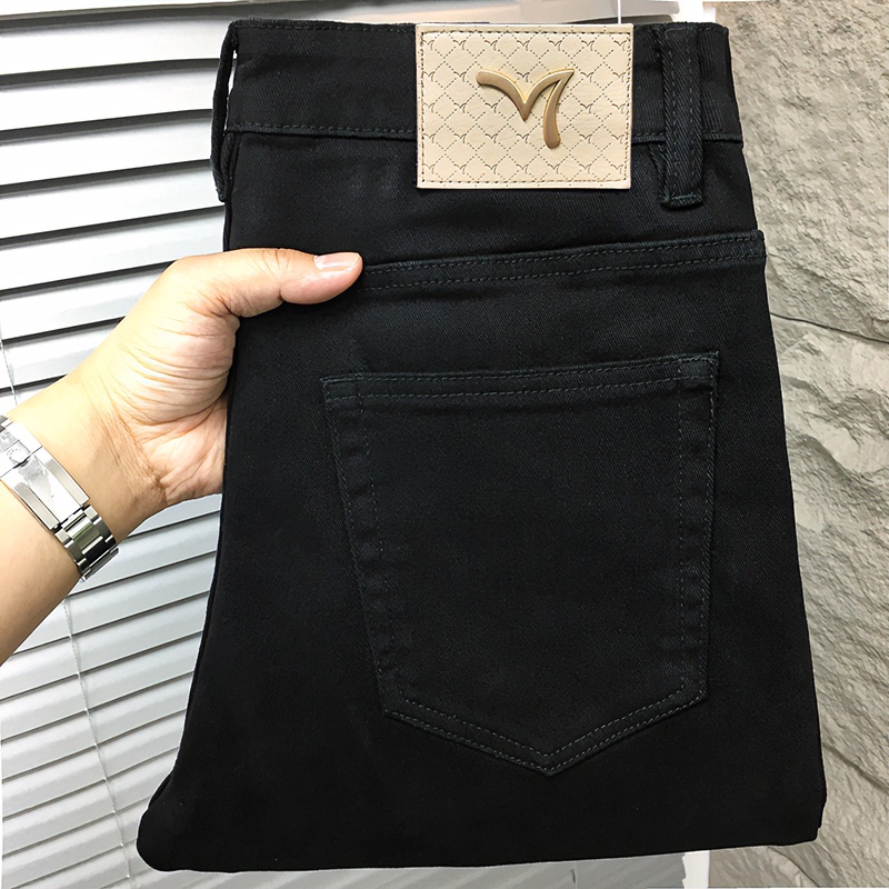 欧版高端春秋季黑色牛仔裤男潮牌男士修身小脚弹力休闲百搭长裤