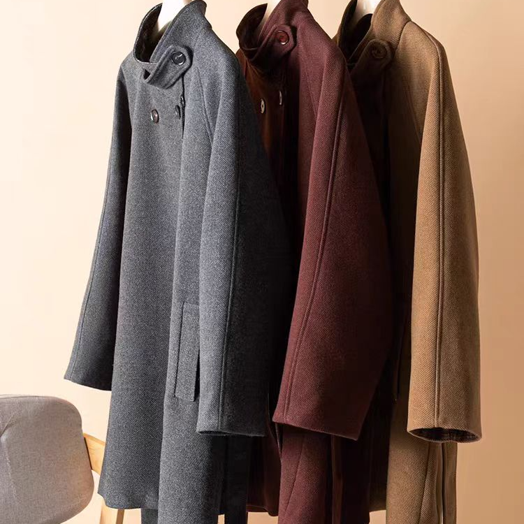 29161#毛呢大衣2024秋冬新款宽松复古高级感撞色立领外套女