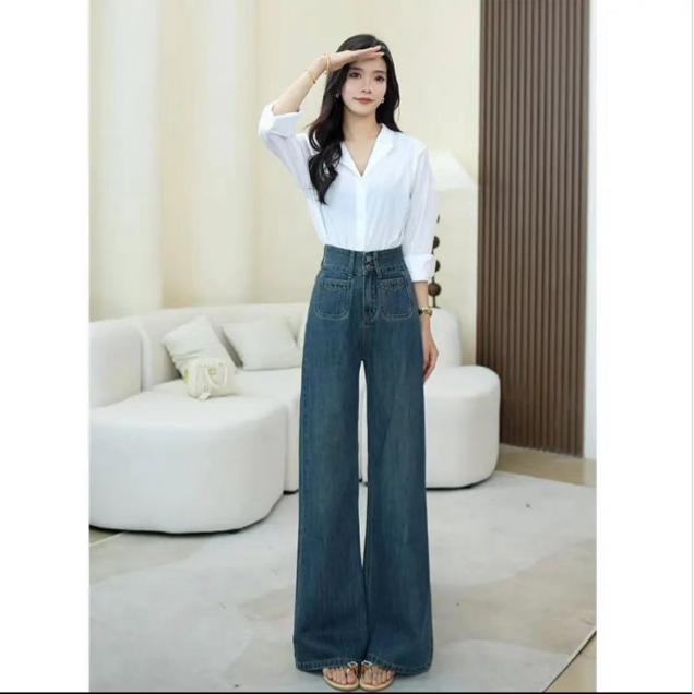 新款怀旧个性双排扣高腰显瘦牛仔裤女