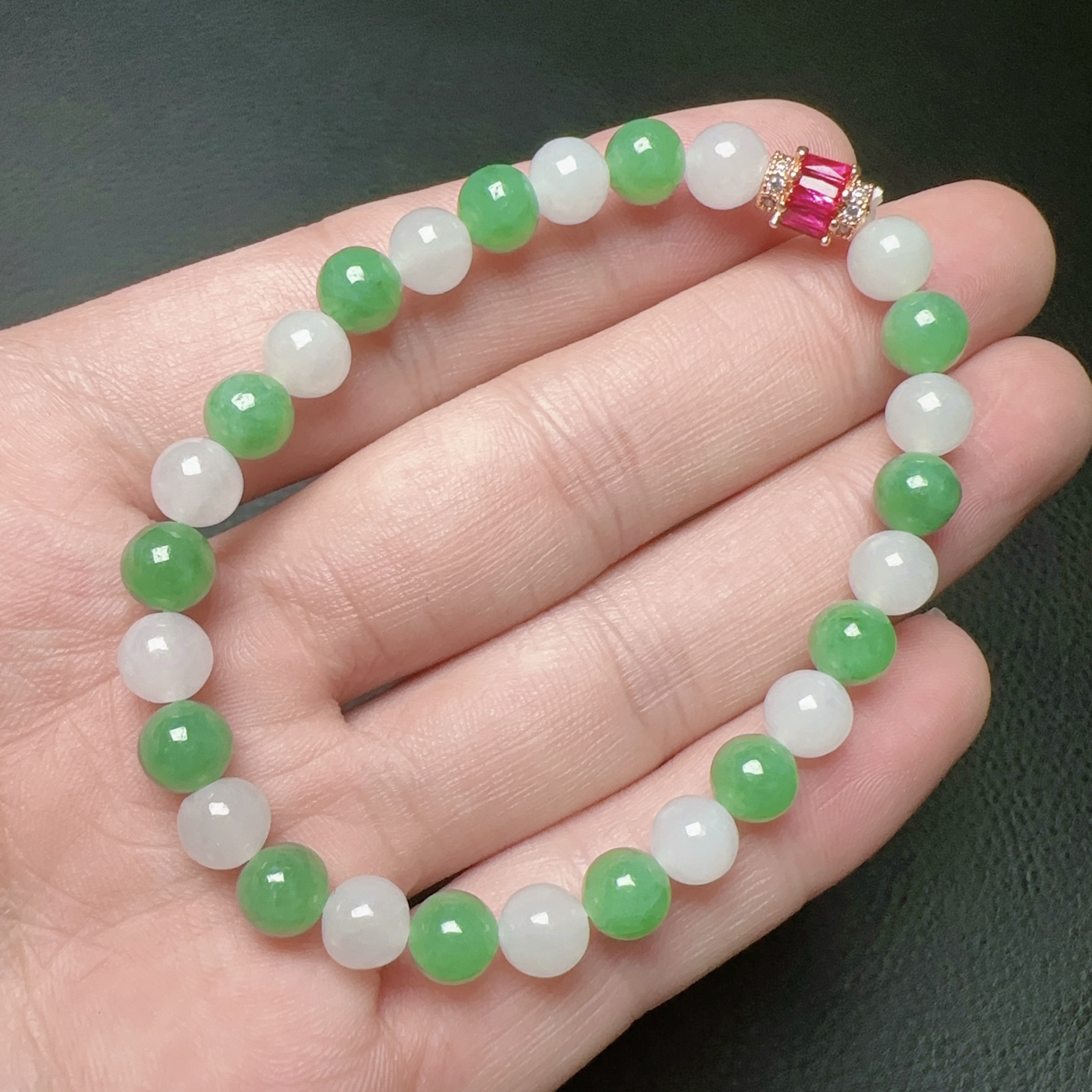 缅甸天然翡翠A货 冰胶双彩白绿圆珠手链精致时尚百搭女款卡6.8mm