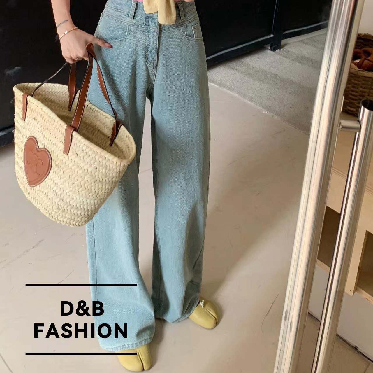 提花肌理感百搭高腰阔腿牛仔裤3787-1