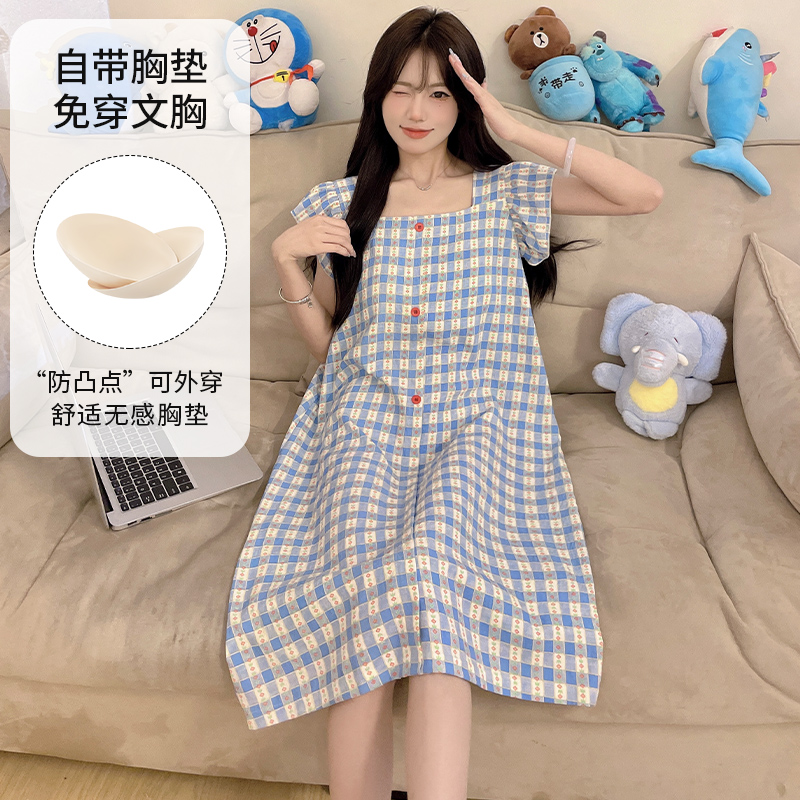 夏季套头飞袖睡裙带胸垫短袖宽松可爱家居服可外穿95704/95708
