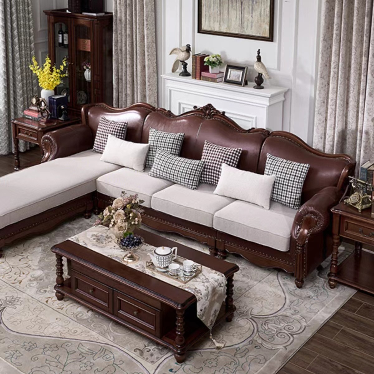 美式桃花芯木转角沙发组合L型贵妃直排四人位客厅复古布艺沙发