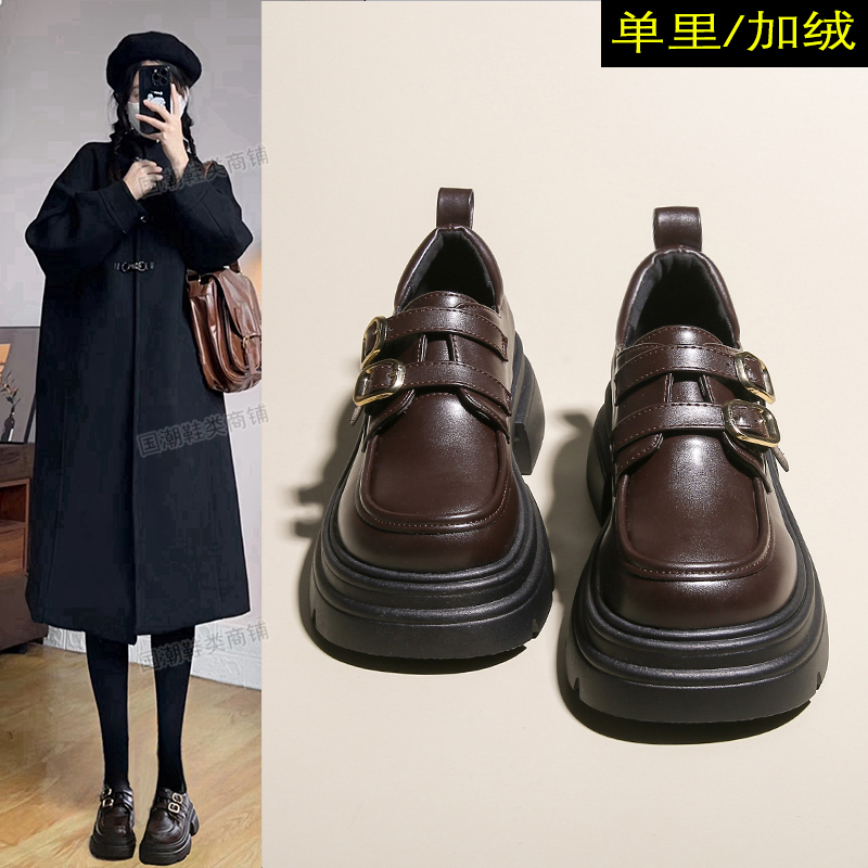 百丽纯爱黑色小皮鞋女加绒保暖2023秋冬新款百搭乐福鞋洛丽塔jk单