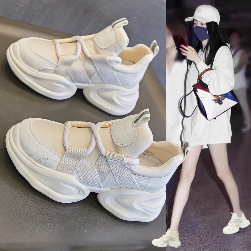 百丽纯爱瑞厚底内增高老爹鞋女2023夏季新款软皮小白鞋松糕休闲运