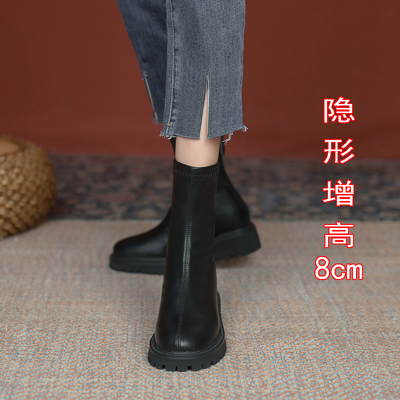 百丽纯爱真皮马丁靴女小个子2023年春秋单靴新款厚底内增高英伦风