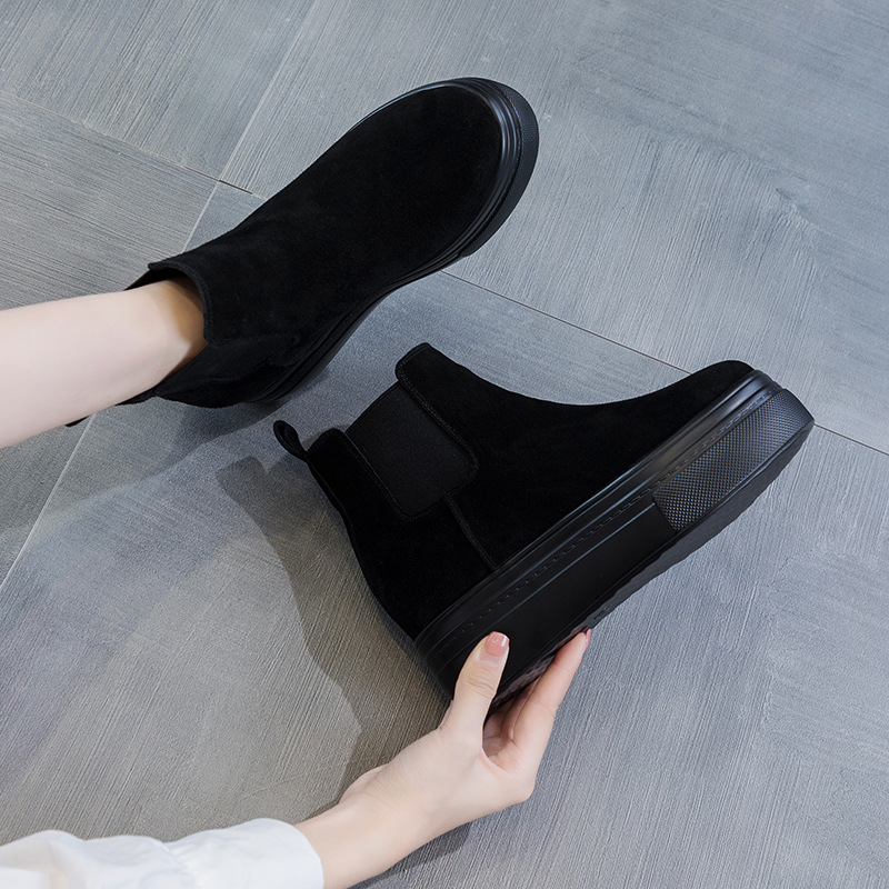 百丽纯爱磨砂牛皮丁靴女款2023新款雪地靴短靴子女秋冬加绒棉鞋英