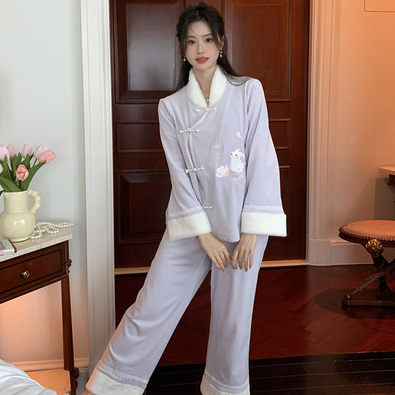 国风新款睡衣女套装pl秋冬季水貂绒加绒加厚保暖家居服可外穿