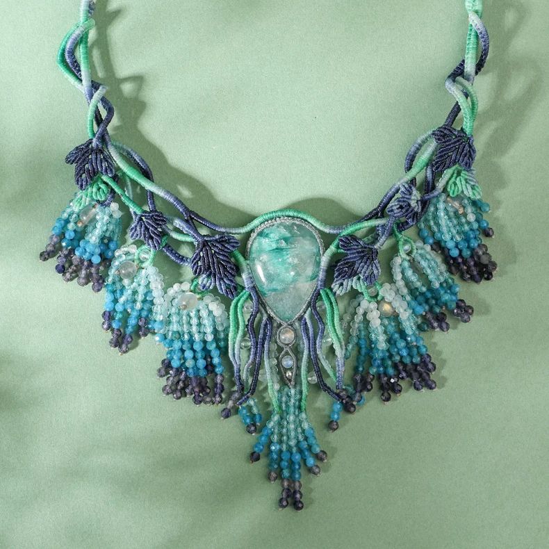 栖石原创中级编绳教程自然蓝绿藏春项链自然首饰手工编绳饰品