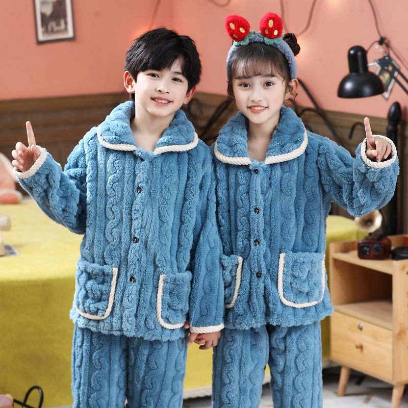 法兰绒儿童秋冬季加厚睡衣套装男女童宝宝小孩加绒冬天保暖家居服