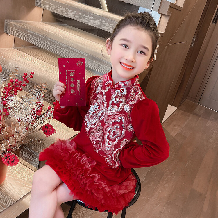 女童秋冬中式汉服改良旗袍裙儿童拜年服名媛女宝宝加绒过年连衣裙