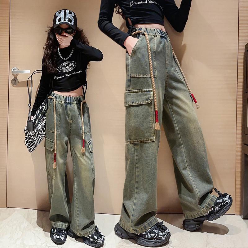 女童牛仔裤春秋款中大童拖地长裤儿童秋装女孩工装裤子炸街阔腿裤