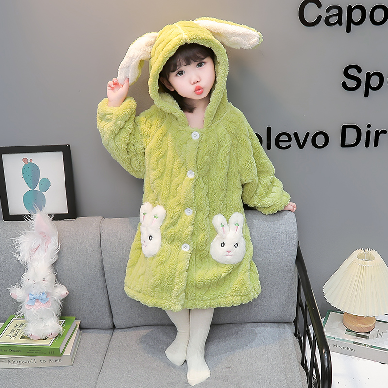 儿童珊瑚绒睡衣冬季加厚款女童法兰绒长款睡袍小女孩卡通浴袍居家