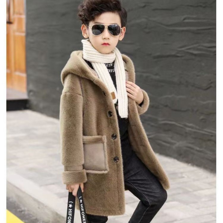 男童水貂绒呢大衣中长款2023新款中大童儿童冬装皮毛一体加厚外套