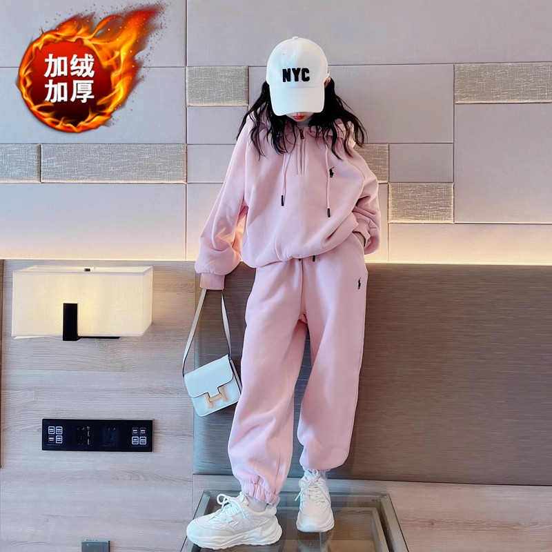 女童套装秋冬保暖2023新款儿童洋气加绒卫衣女中大童加厚运动