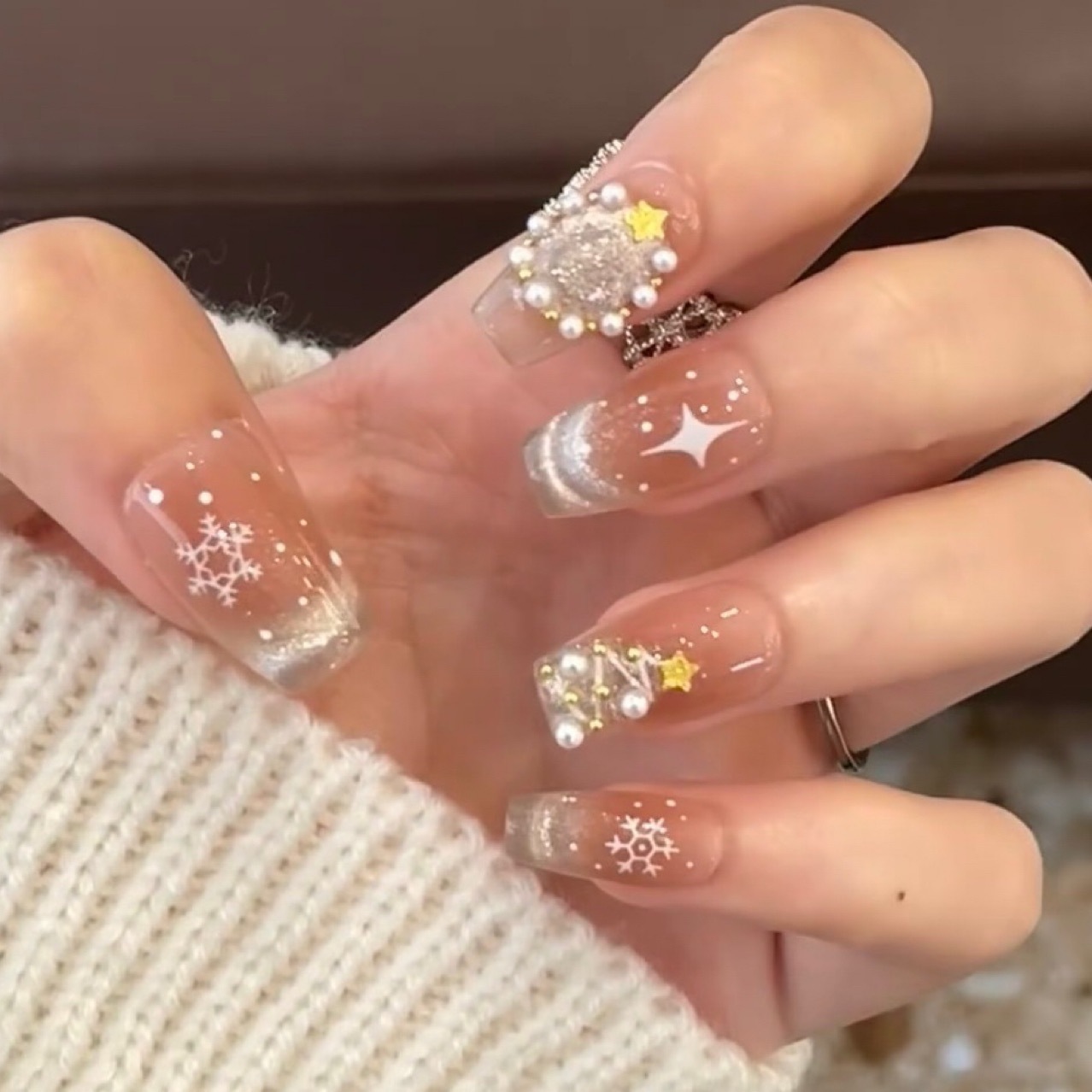 【雪花猫眼】中长（24片全尺码）穿戴甲美甲甲片指甲贴穿戴式猫眼甲