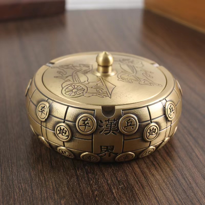 纯铜烟灰缸仿古象棋烟灰缸中式带盖防飞灰创意个性时尚办公室摆件