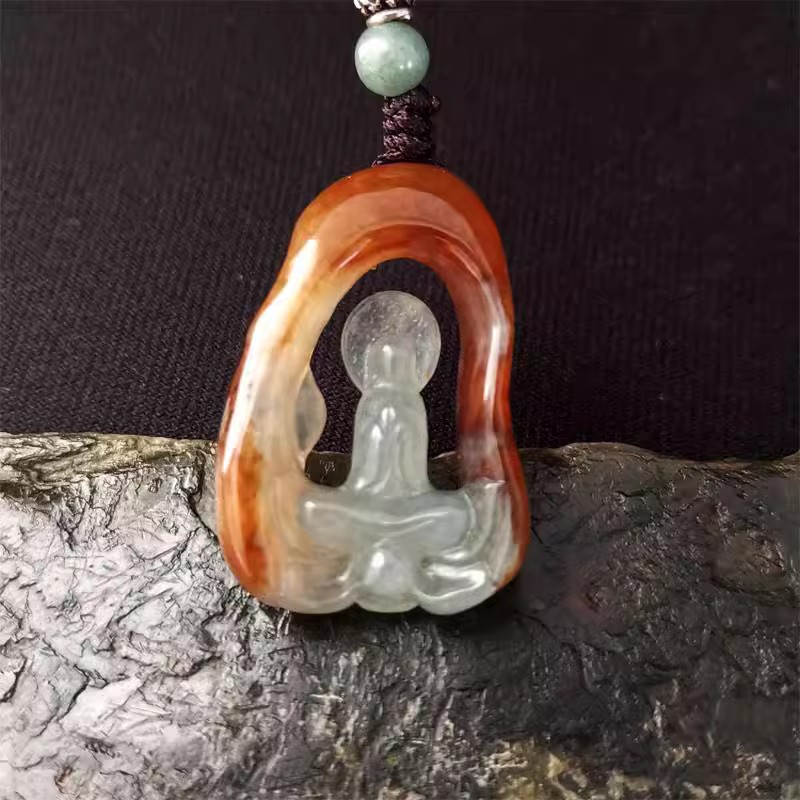 天然翡翠精雕镂空吊坠 百搭俏色巧雕悟道 气质坠链宝宝极光雕刻