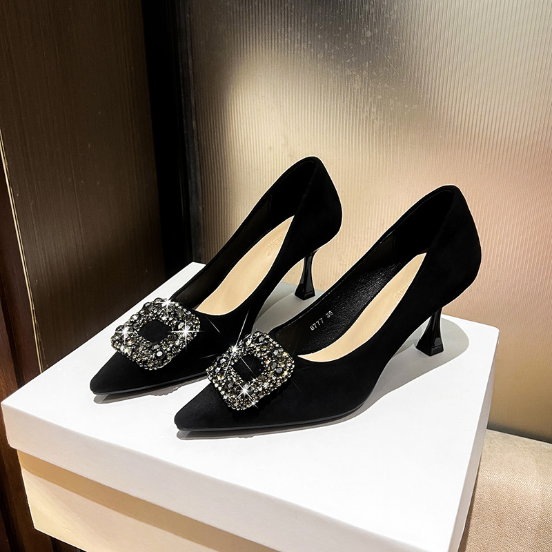 浅口高跟鞋女尖头细跟方扣气质舒适黑色职业百搭性感百搭单鞋