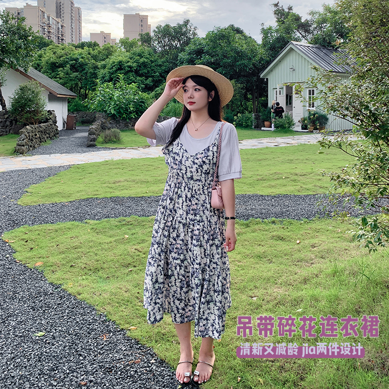 【霏霏推荐】200斤大码女装夏季新款假两件吊带碎花连衣裙-8671