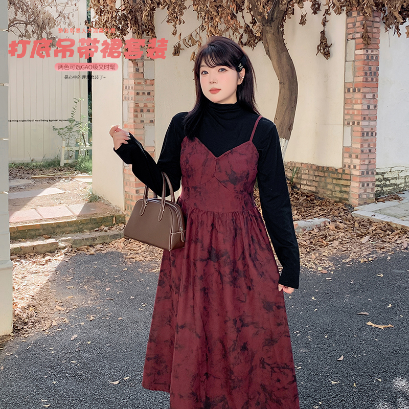 【霏霏推荐】大码女装200胖mm黑色打底吊带裙套装-L300