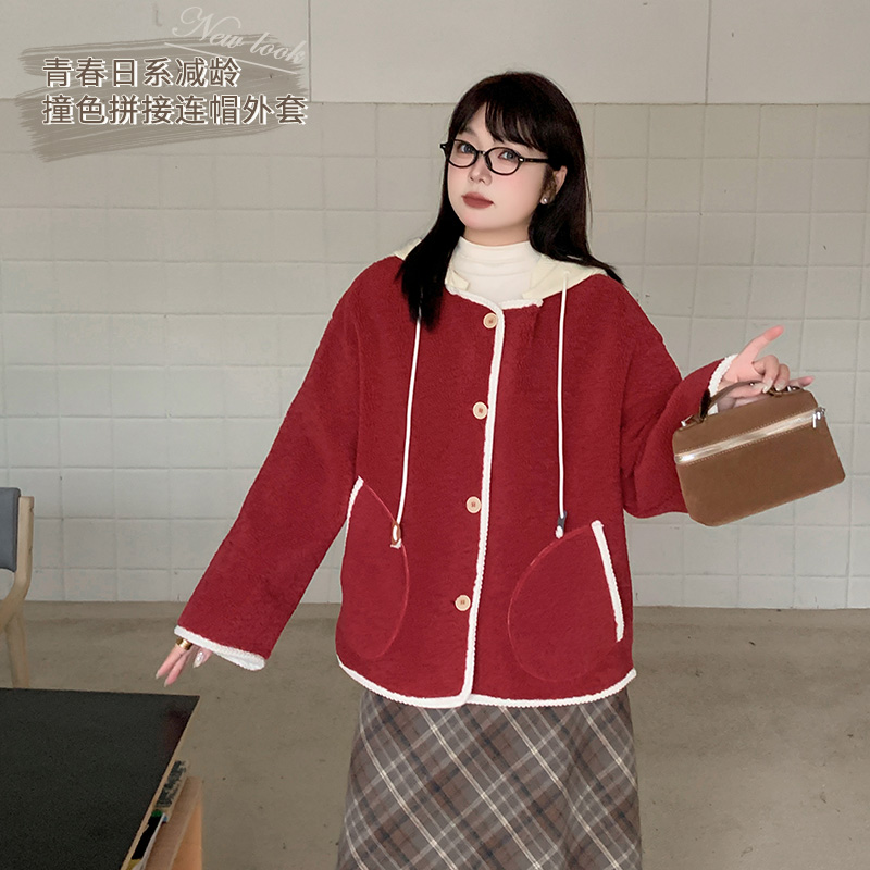 【霏霏推荐】秋冬新款大码女装200斤胖mm撞色拼接连帽外套-L277