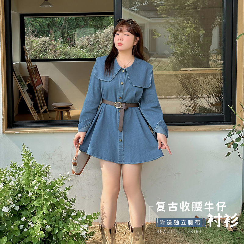 【涵胖胖】*清春季时尚韩版设计感宽松洋气复古收腰牛仔衬衫-L177