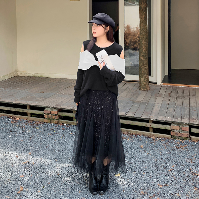 【霏霏专属】气质洋气针织外穿小众撞色露肩蝴蝶结长袖毛衣-F233