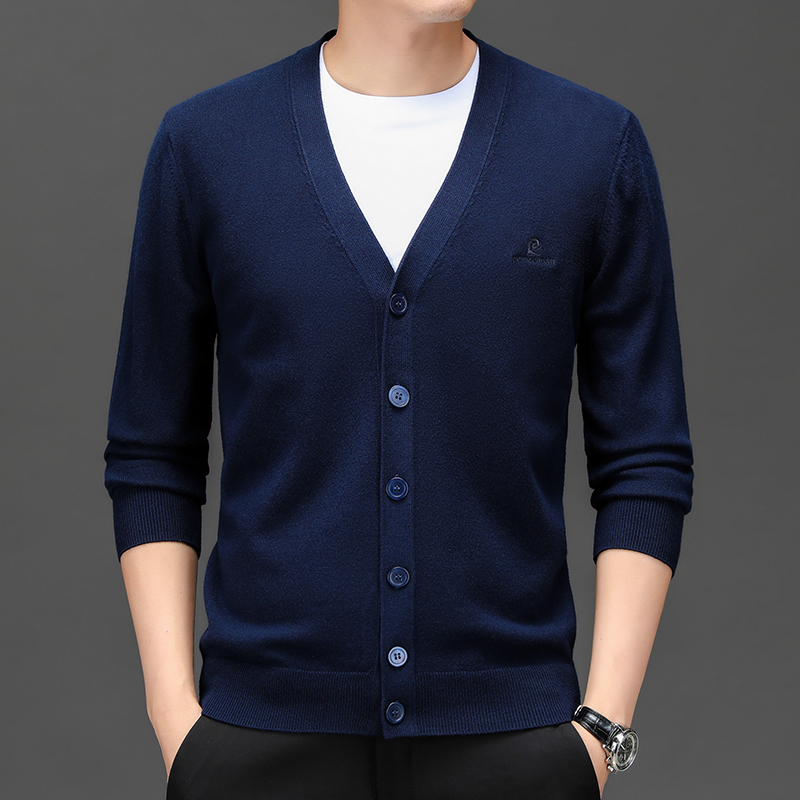 皮尔卡丹中年秋冬季新款休闲舒适针织衫纯色男士商务百搭时尚毛衣