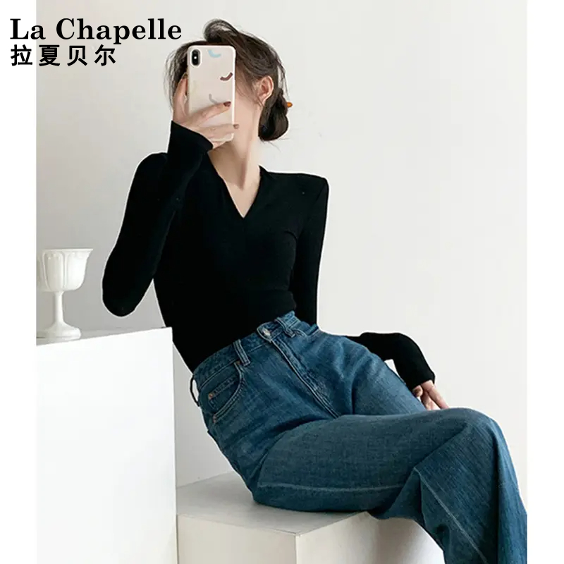 La Chapelle/拉夏贝尔高级感黑色v领打底衫女 春秋洋气质修身长袖