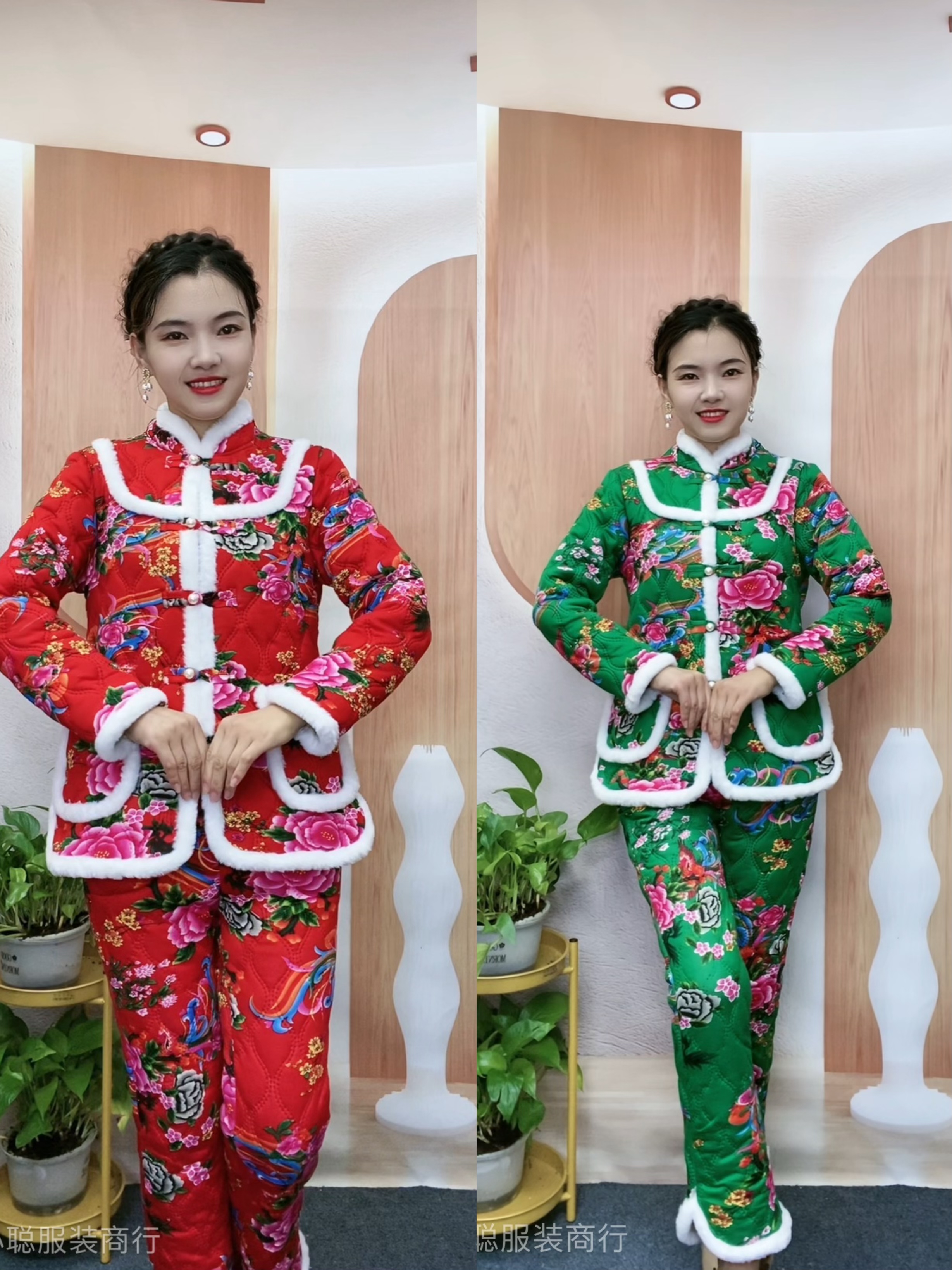 冬款加绒加棉上衣裤子两件套时尚妈妈装加厚国风东北大花套装