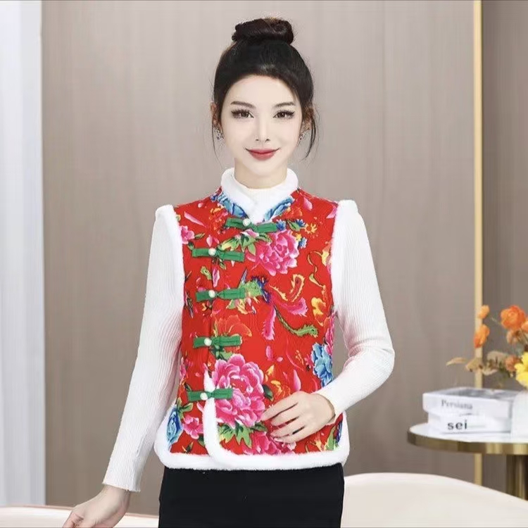 新款马甲国风时尚碎花洋气中国风保暖休闲冬季加绒马甲