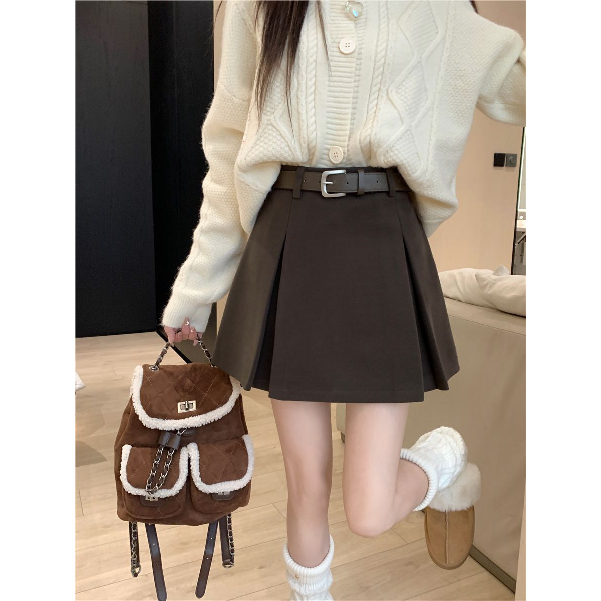 咖色百褶裙女高腰显瘦秋冬韩版遮肚毛呢半身裙jk短裙包臀a字冬裙