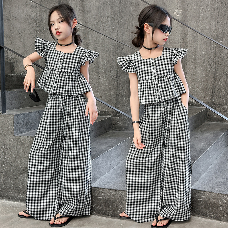 女童套装夏季2024新款儿童格子娃娃衫阔腿裤两件套薄款大童夏装潮