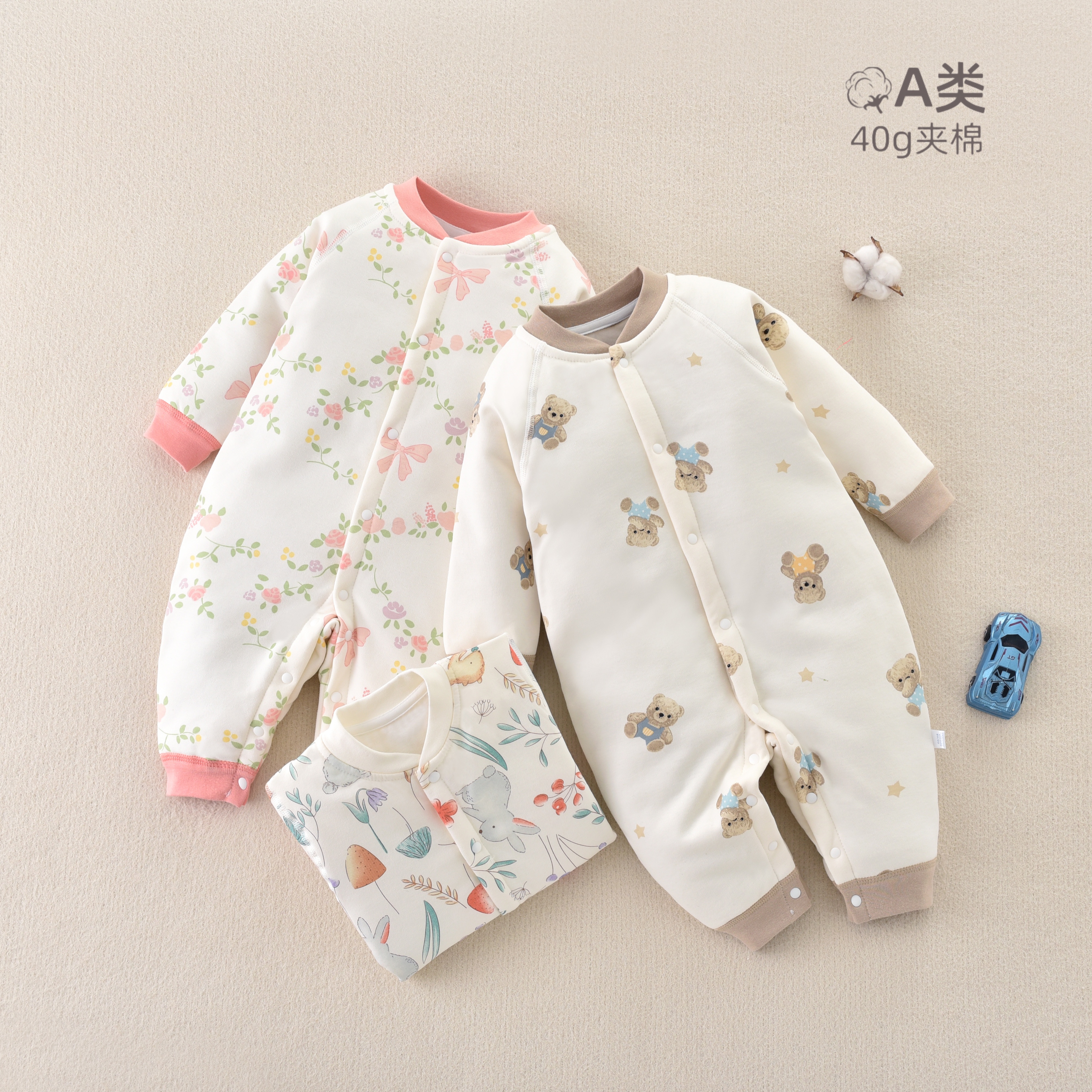 婴幼儿薄棉无骨衣服男女宝宝夹棉款连体衣爬服哈衣连身衣外穿舒适