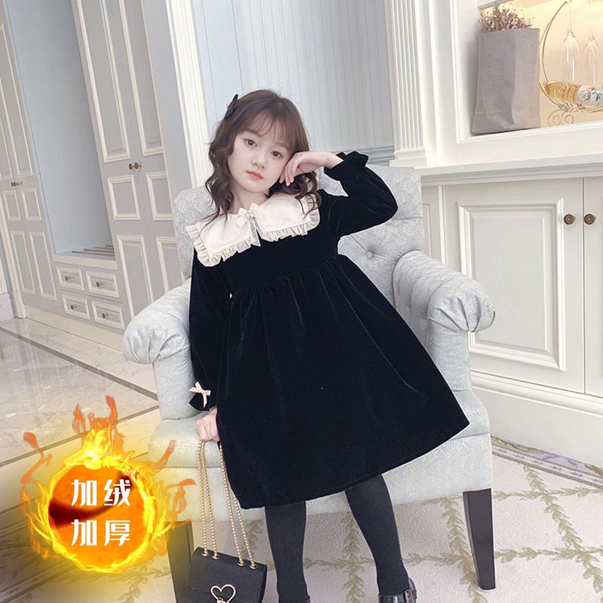女童秋装2023冬装新款丝绒洋气女孩秋冬季加绒儿童公主裙连衣裙