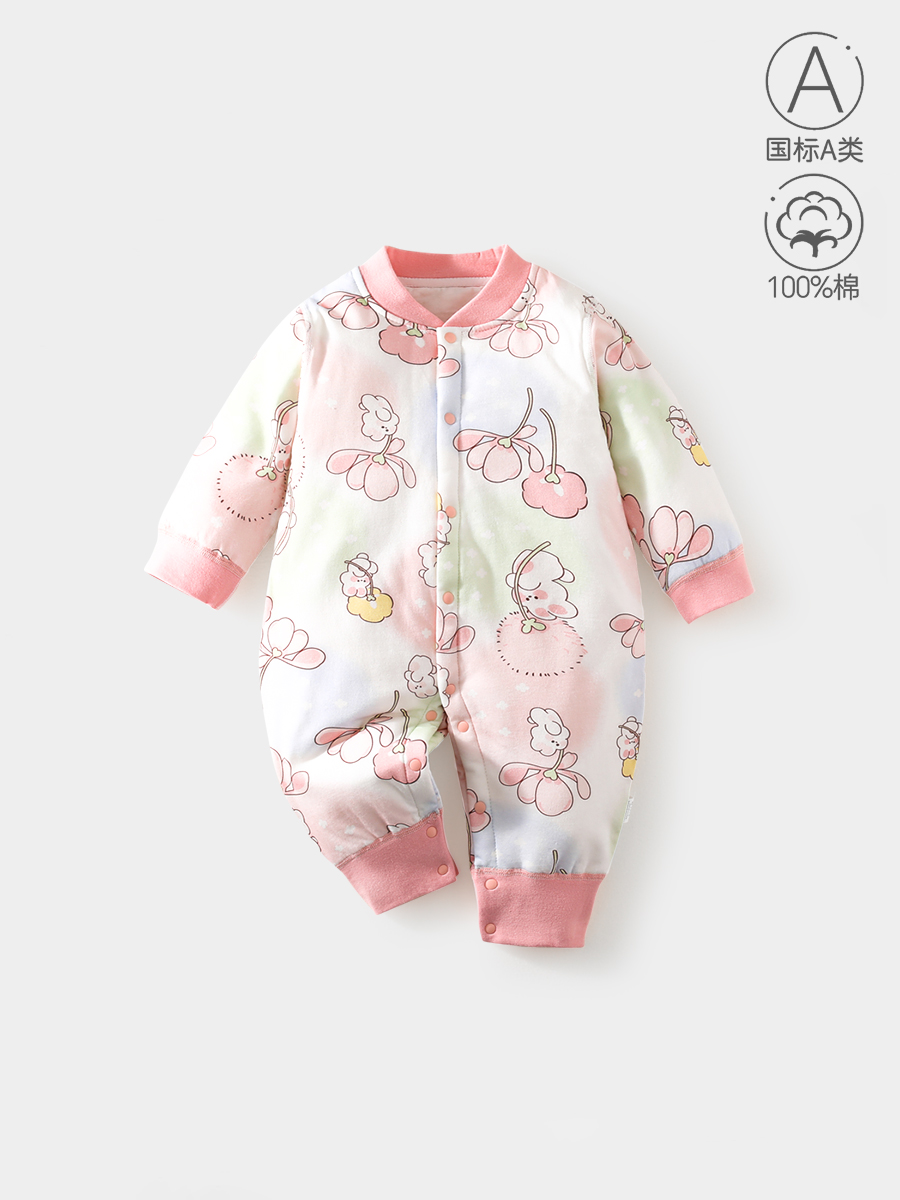 俏乐虎婴儿夹棉连体衣宝宝秋冬季加棉爬服新生儿棉服哈衣薄棉a类