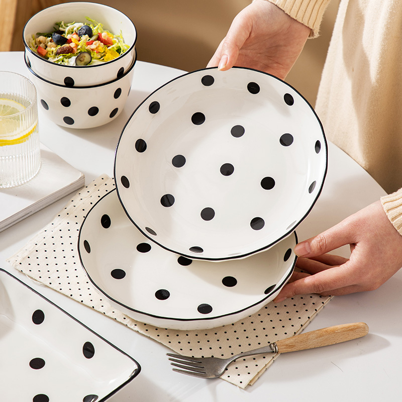 赫本波点深盘子家用装菜盘陶瓷碗碟网红餐具高级感餐盘好看菜碟子