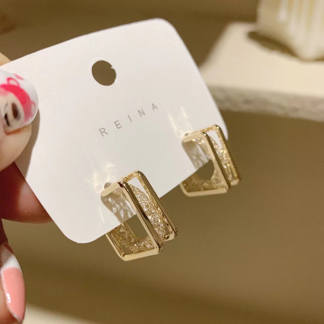 合金耳饰 韩国轻奢简约方块双层气质小众法式设计感冷淡风ins耳钉