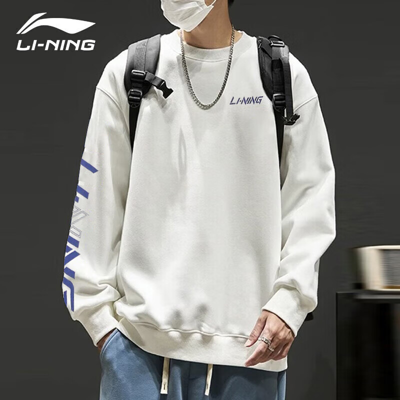 李宁卫衣男2025秋冬新款白色休闲宽松套头衫圆领国潮运动长袖外套