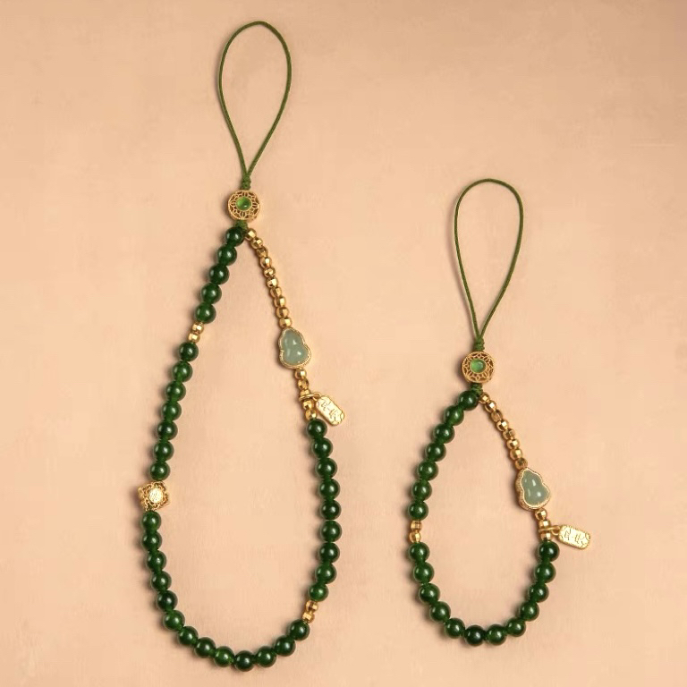 福禄平安绿圆珠女款手机链挂绳手腕挂件短款高级防丢挂饰精致挂链