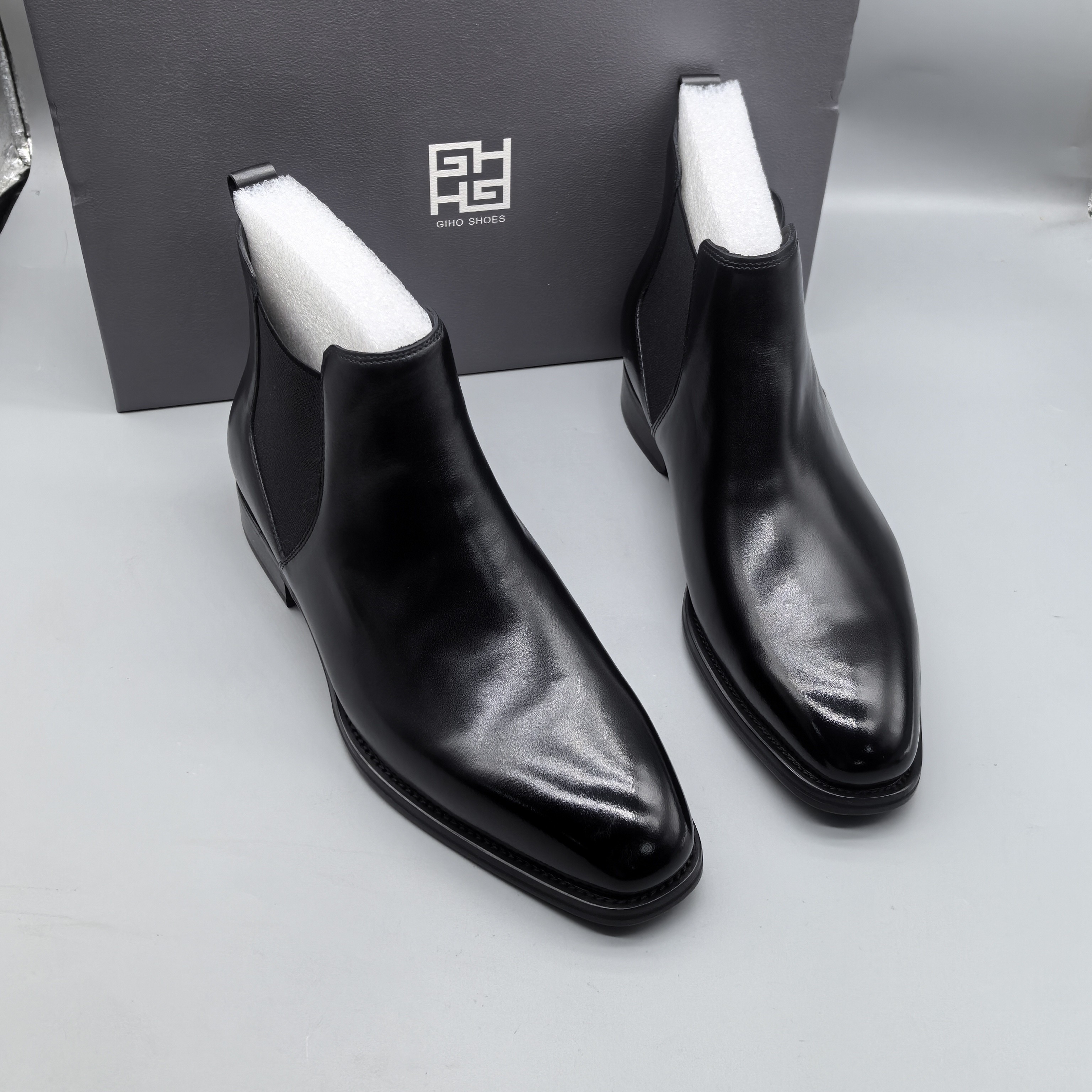 小牛皮固特异全皮底一脚蹬切尔西黑色皮鞋