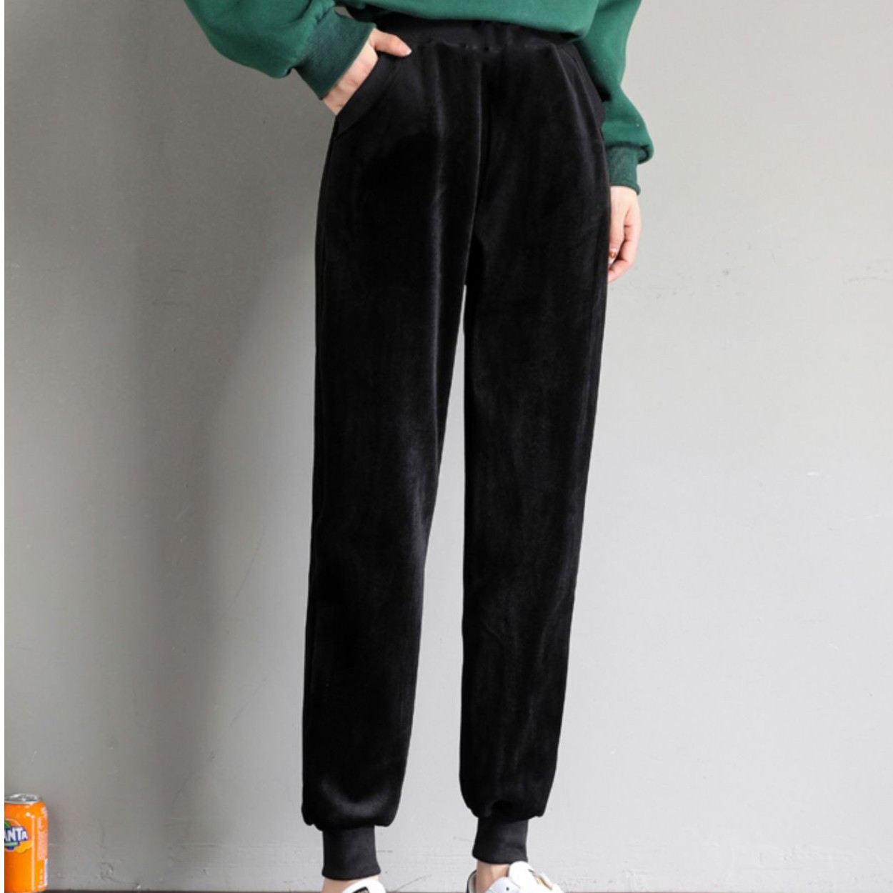 朵袖丽双面绒加绒加厚束脚裤子女2024新款宽松运动休闲裤双面绒