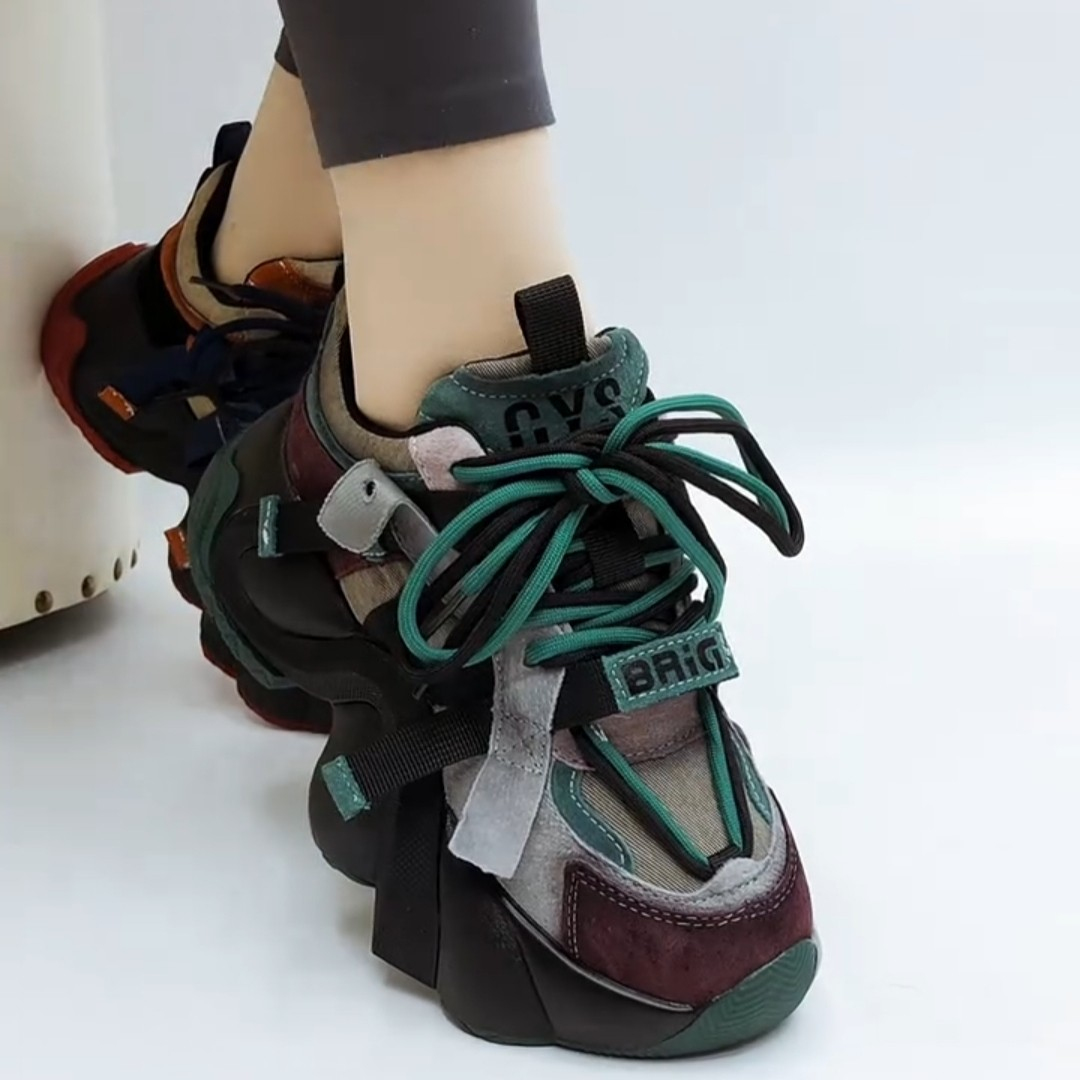 老爹鞋女ins潮春季新款时尚运动休闲鞋百搭真皮拼色厚底系带单鞋