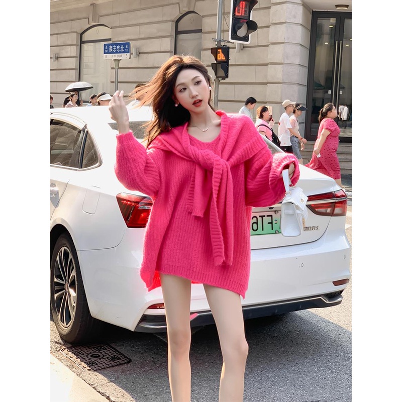 2023早秋季新款冷淡系独特别致针织上衣森系软糯慵懒风玫红色毛衣