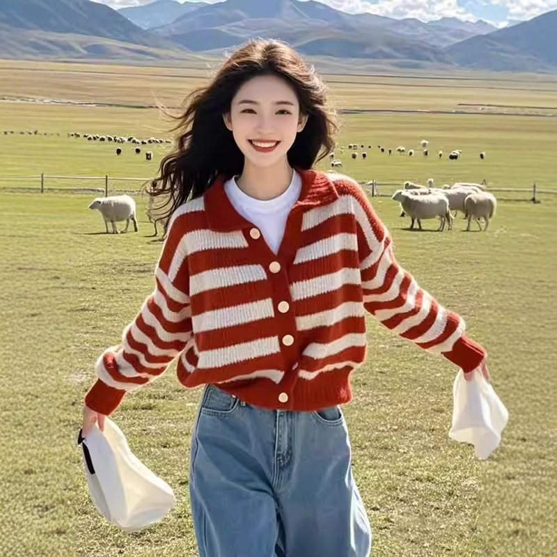 港风复古红色条纹针织开衫女秋冬慵懒风宽松翻领毛衣外套polo上衣